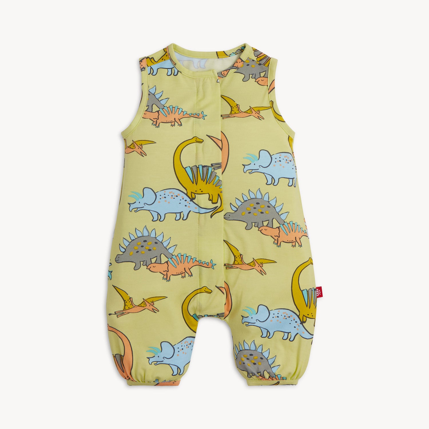 A sleeveless one-piece romper in lime green with a vibrant all-over print of prehistoric dinosaurs and flying pterodactyls, by Magnetic Me.