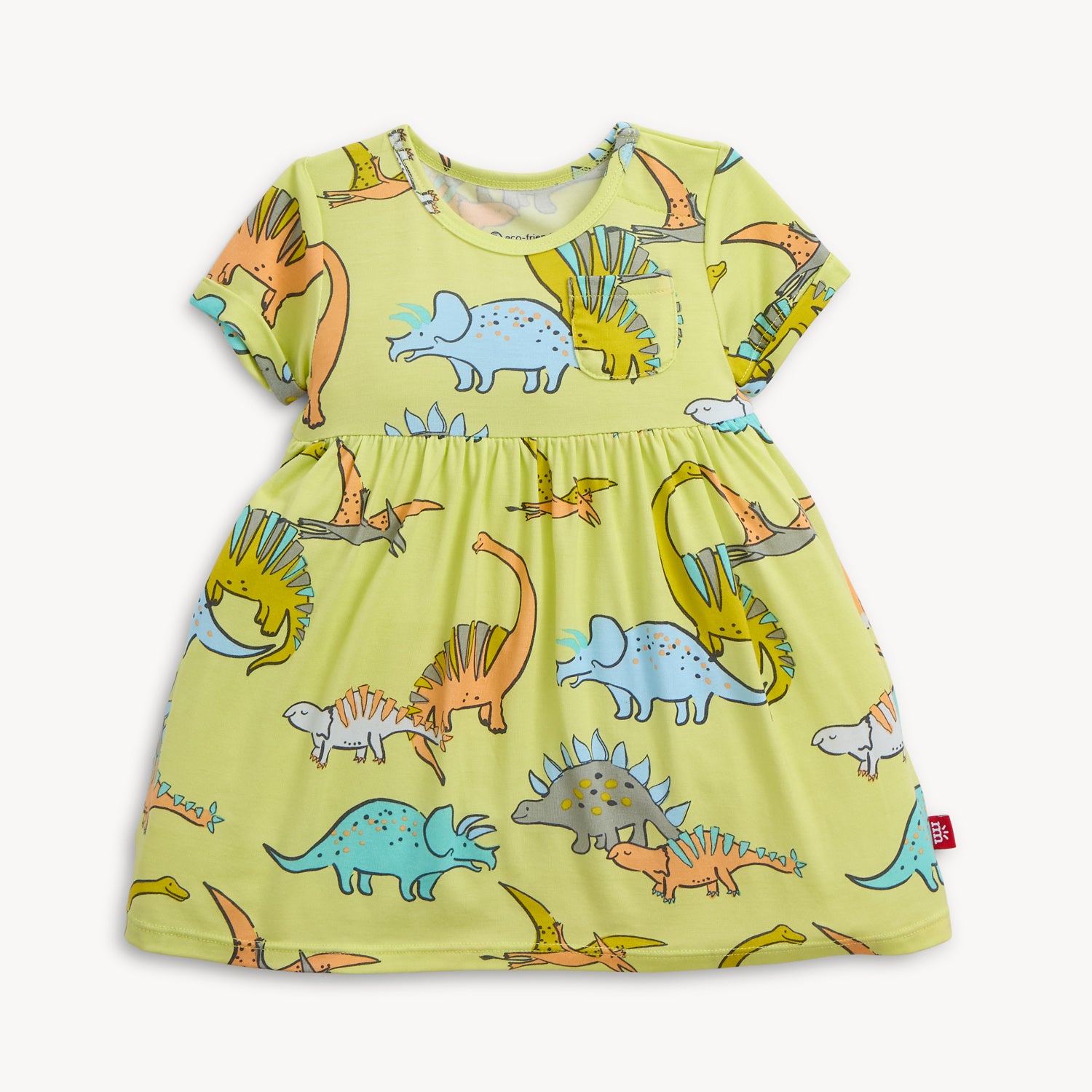 A lime green short-sleeve infant dress with a gathered waist, small chest pocket, and an integrated bodysuit featuring a colorful dinosaur pattern, by Magnetic Me.