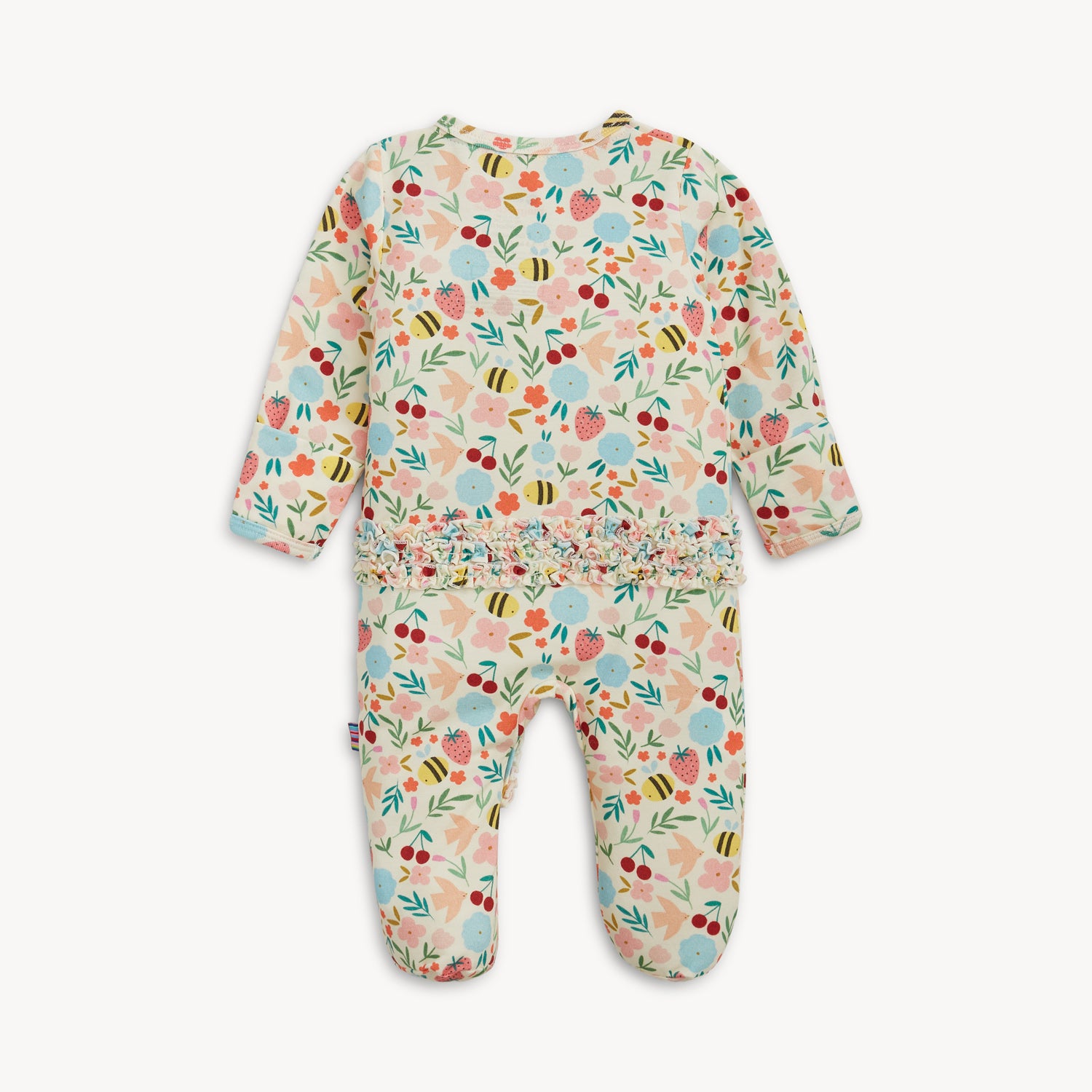 Back of A long-sleeve baby footie featuring a garden print of bees and fruit with a ruffled magnetic closure and integrated scratch mittens, by Magnetic Me.