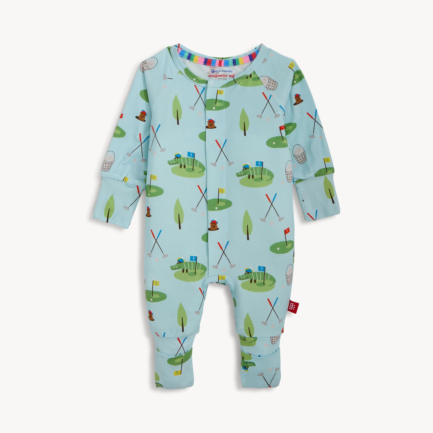 A light blue convertible coverall featuring an all-over golf print with miniature flags, trees, and whimsical animals on a golf course, by Magnetic Me.