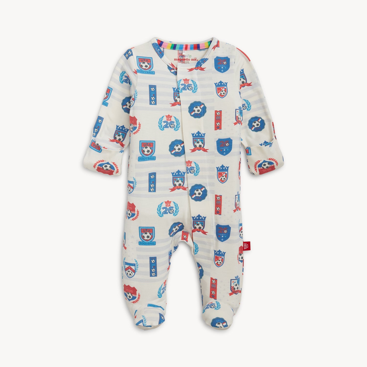 A long-sleeve white footie with light blue horizontal stripes featuring a repeating print of red, white, and blue soccer-themed crests and "USA 26" logos, by Magnetic Me.