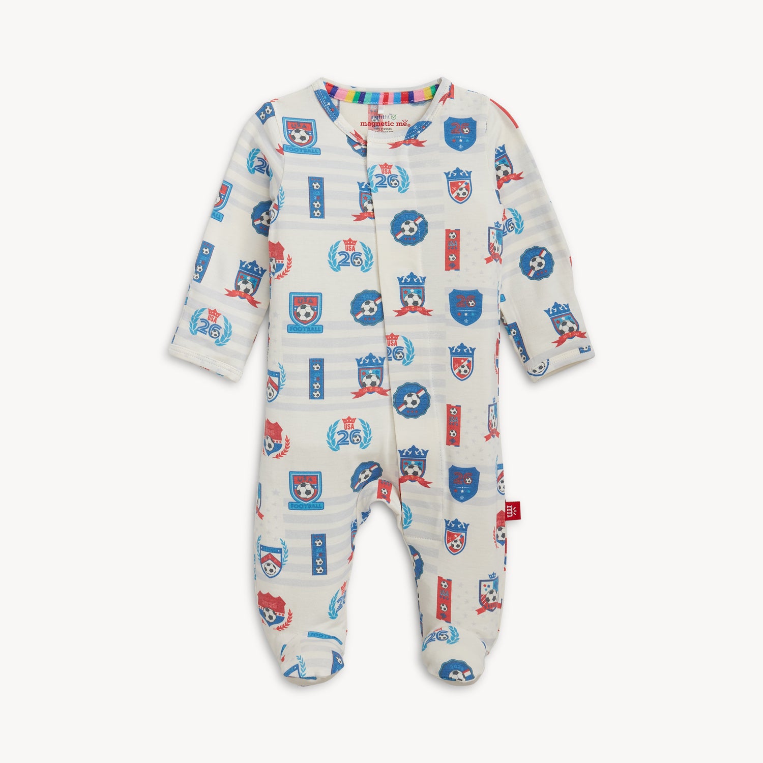 A long-sleeve white footie with light blue horizontal stripes featuring a repeating print of red, white, and blue soccer-themed crests and "USA 26" logos, by Magnetic Me.