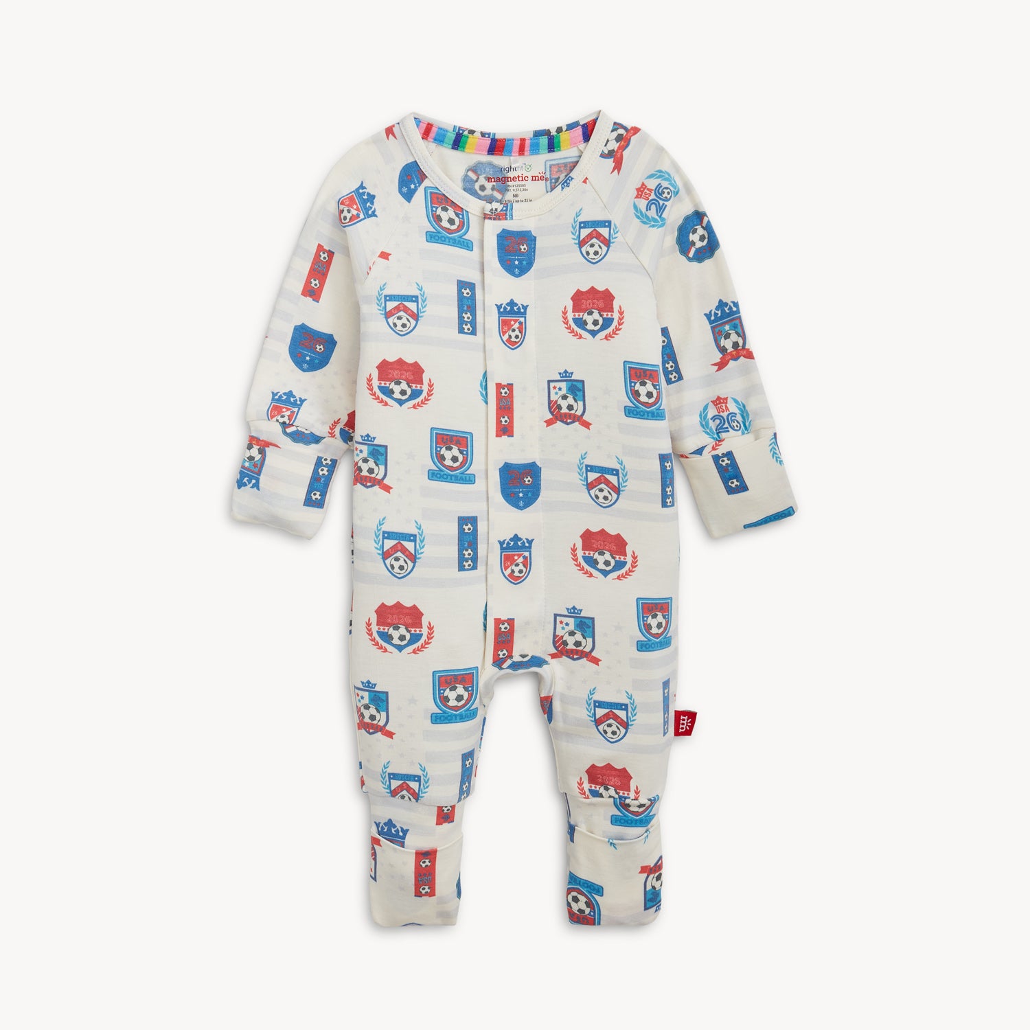A long-sleeve convertible coverall in white with light blue stripes and a patriotic soccer badge pattern, by Magnetic Me.