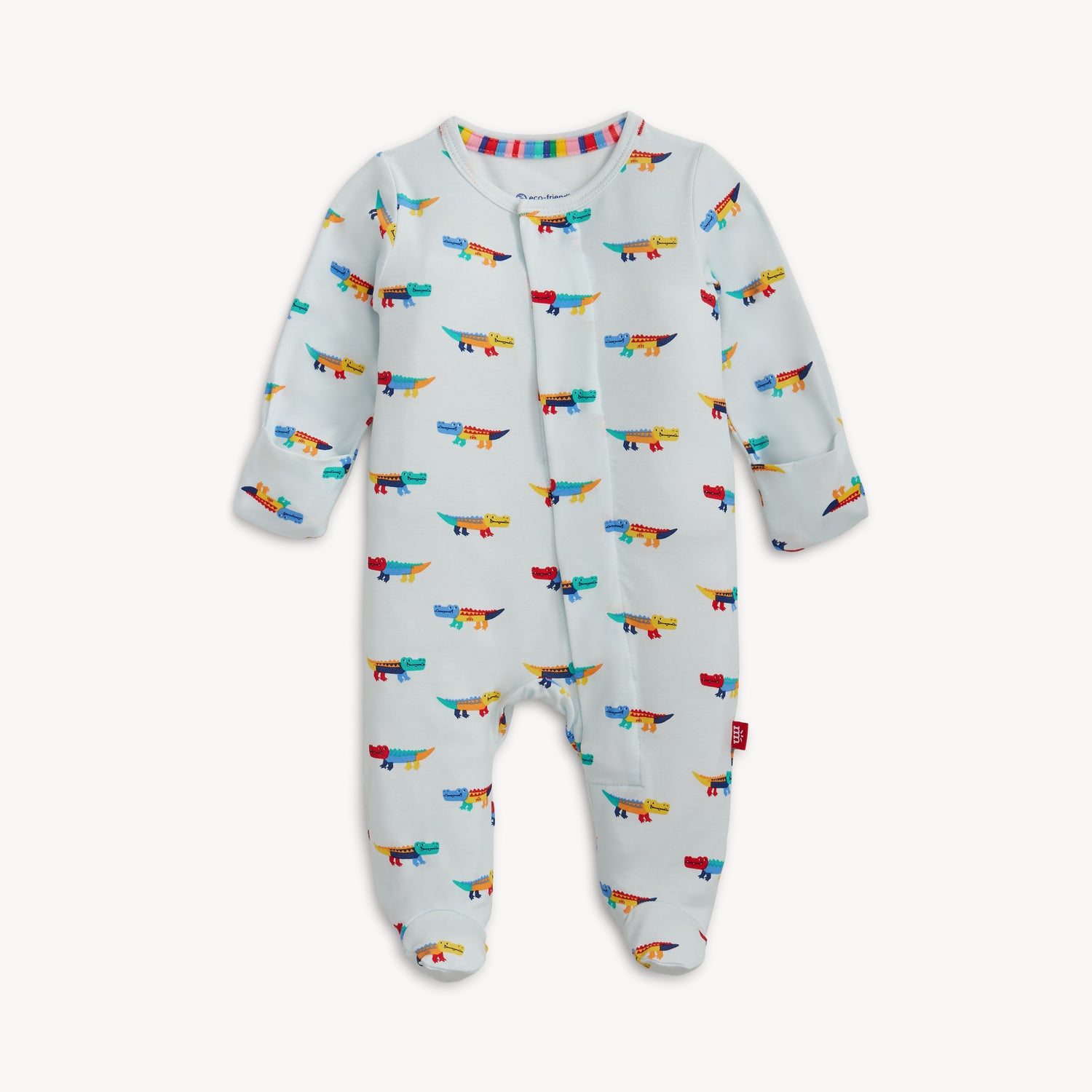 A long-sleeve footie in light blue featuring an all-over print of colorful, stylized crocodiles with a full-length magnetic closure, by Magnetic Me.