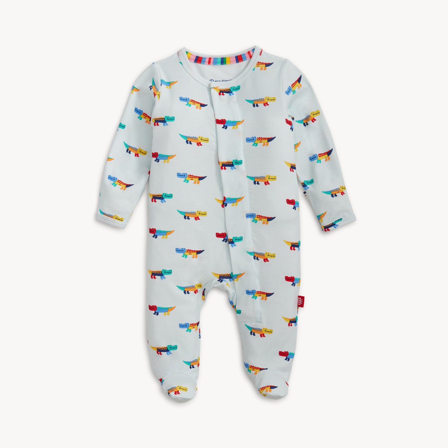 A long-sleeve footie in light blue featuring an all-over print of colorful, stylized crocodiles with a full-length magnetic closure, by Magnetic Me.