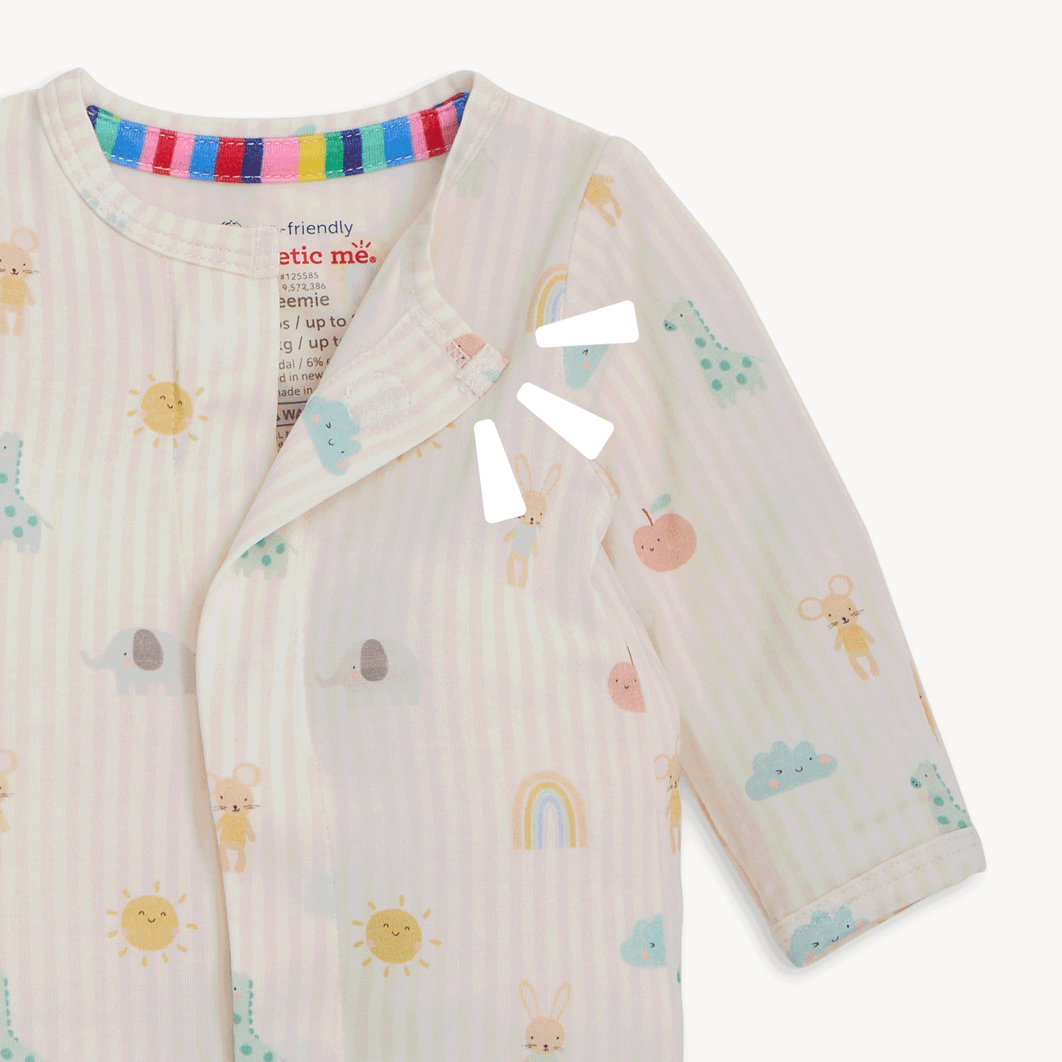 Open and close movement of the magnet in the upper center of A long-sleeved one-piece with open cuffs in a gentle pink striped animal and rainbow print with a magnetic front fastening, by Magnetic Me.