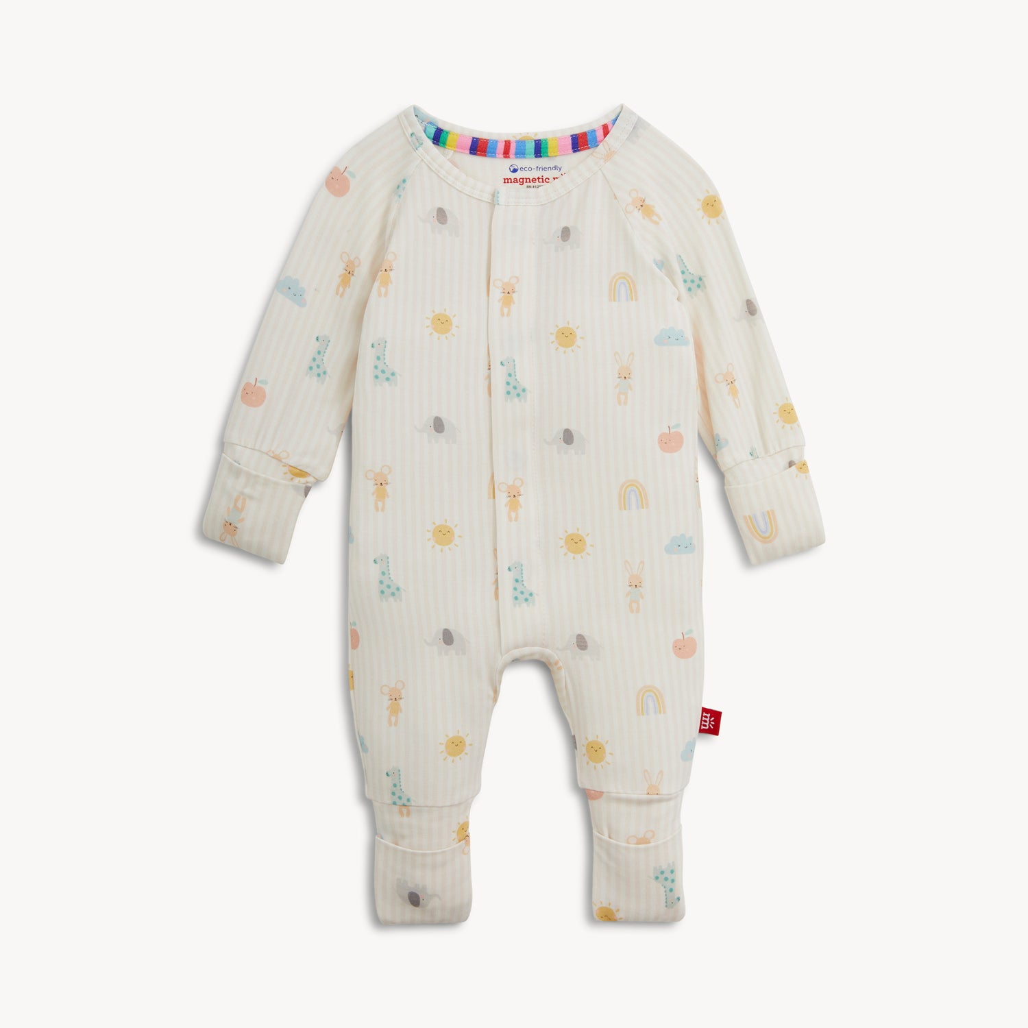 A long-sleeved one-piece convertible coverall with open cuffs in a gentle pink striped animal and rainbow print with a magnetic front fastening, by Magnetic Me.