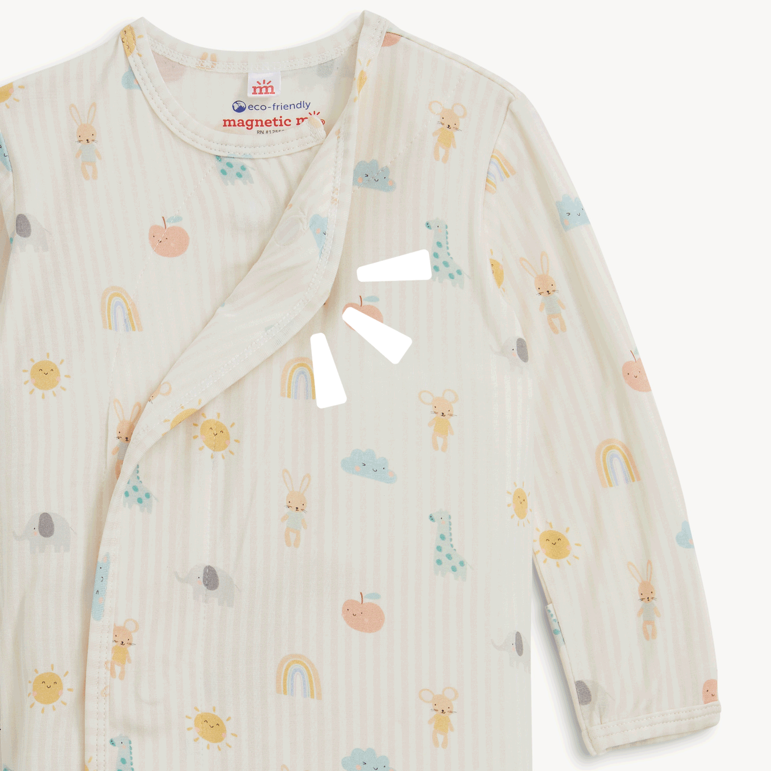 Open and close movement of the magnet on the wrap. A long-sleeved newborn gown with a cinched hem and a matching knotted beanie, both featuring a pink striped pastel animal pattern, by Magnetic Me.