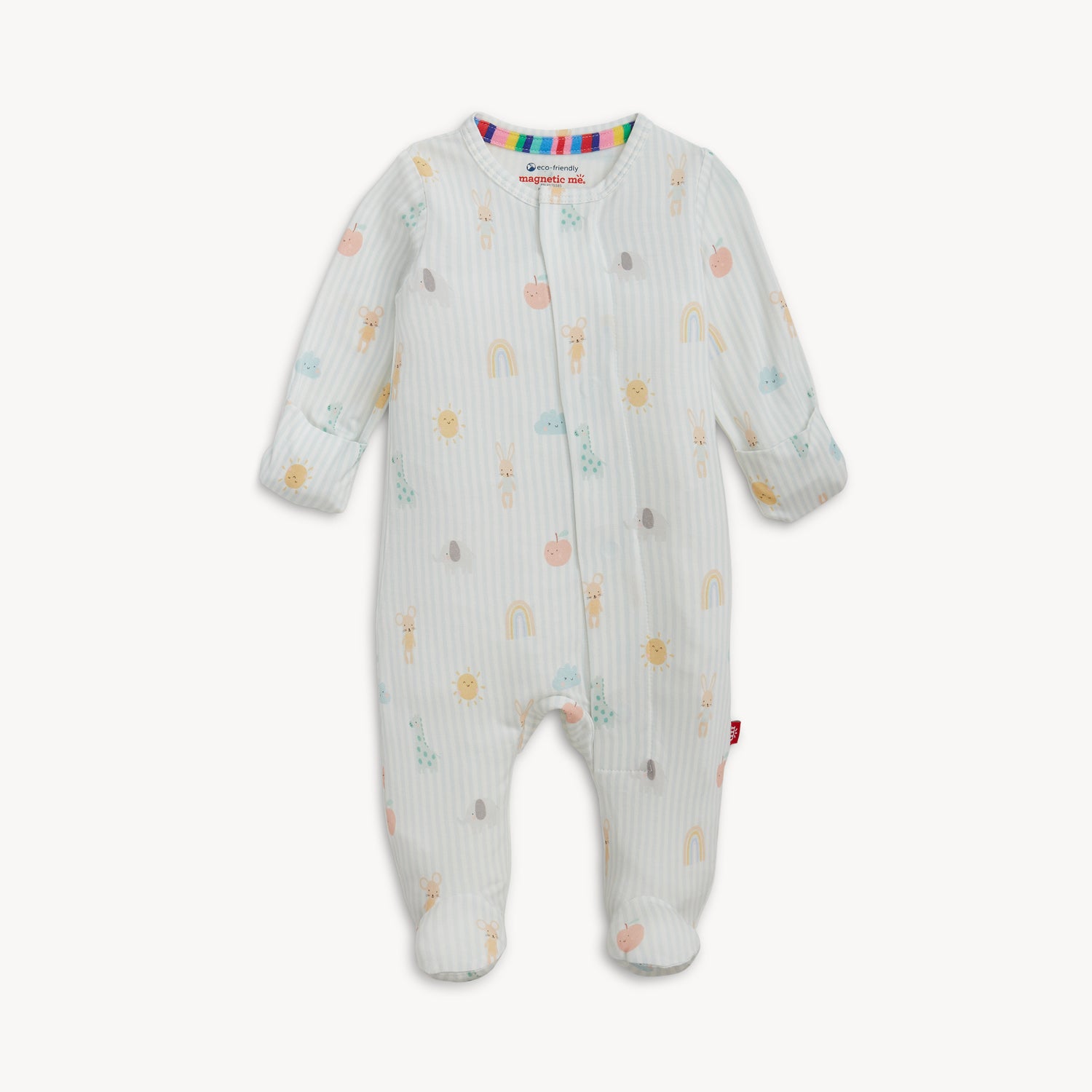 A long-sleeved footie featuring a blue and white striped print with assorted pastel animals and a hidden magnetic closure for easy changes, by Magnetic Me.