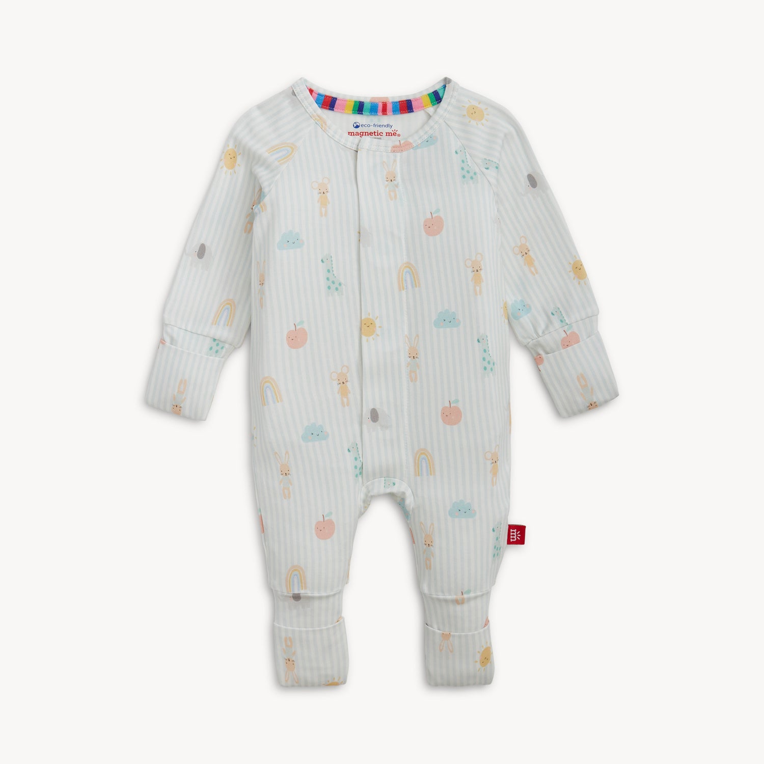 A long-sleeved one-piece convertible coverall with open cuffs in a gentle blue striped animal and rainbow print with a magnetic front fastening, by Magnetic Me.