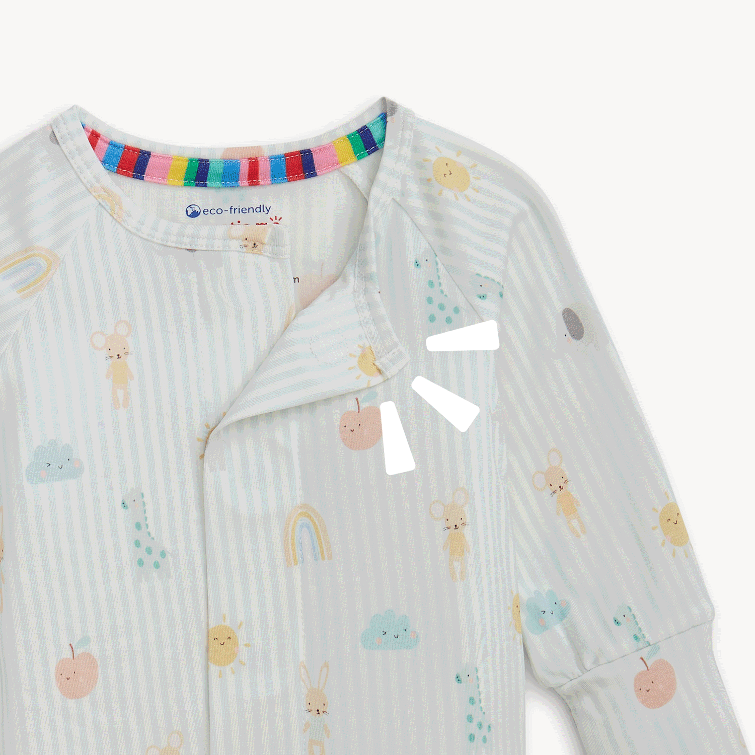 Open and close movement in the top center of the long-sleeved one-piece with open cuffs in a gentle blue striped animal and rainbow print with a magnetic front fastening, by Magnetic Me.