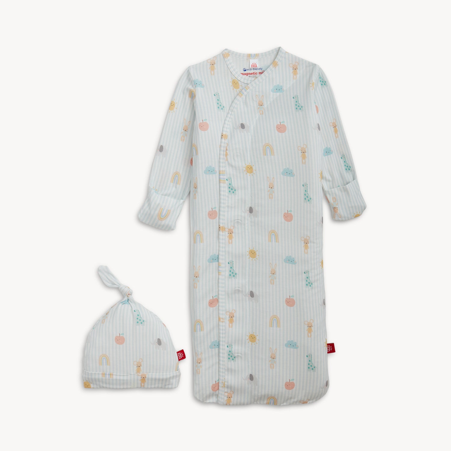 A long-sleeved newborn gown with a cinched hem and a matching knotted beanie, both featuring a blue striped pastel animal pattern, by Magnetic Me.