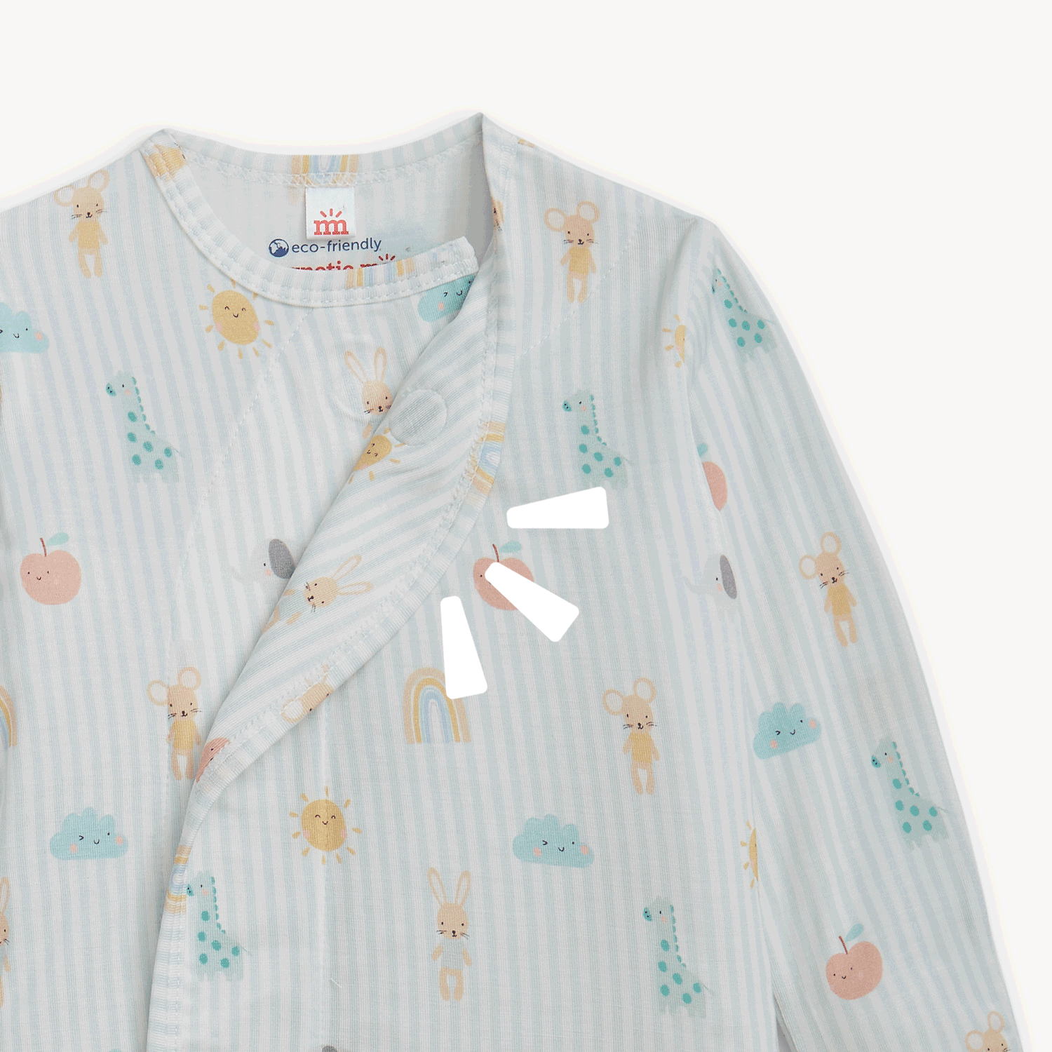 Open and close movement of the gown. A long-sleeved newborn gown with a cinched hem and a matching knotted beanie, both featuring a blue striped pastel animal pattern, by Magnetic Me.