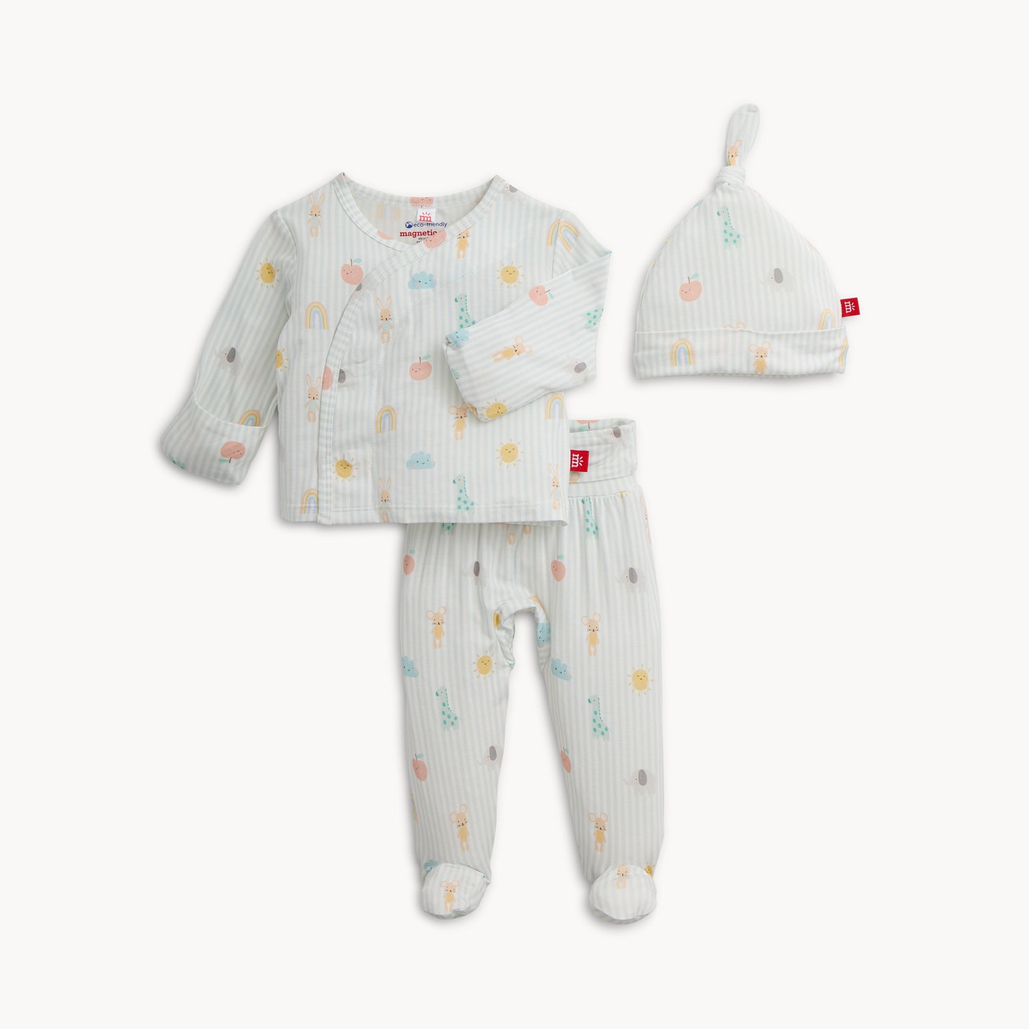 A three-piece newborn set including a wrap-style long-sleeved top, footed pants, and a knotted hat in a soft blue striped animal print, by Magnetic Me.