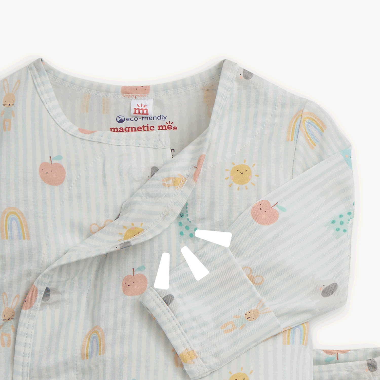 Open and close movement of the magnet on the top the warp of a three-piece newborn set including a wrap-style long-sleeved top, footed pants, and a knotted hat in a soft blue striped animal print, by Magnetic Me.