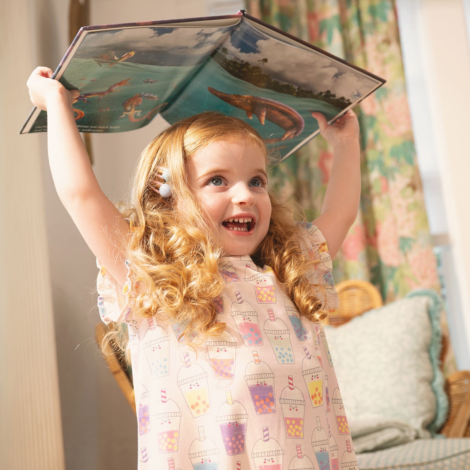 photo of in the girl Children light purple nightgown with short sleeves with a boba tea print