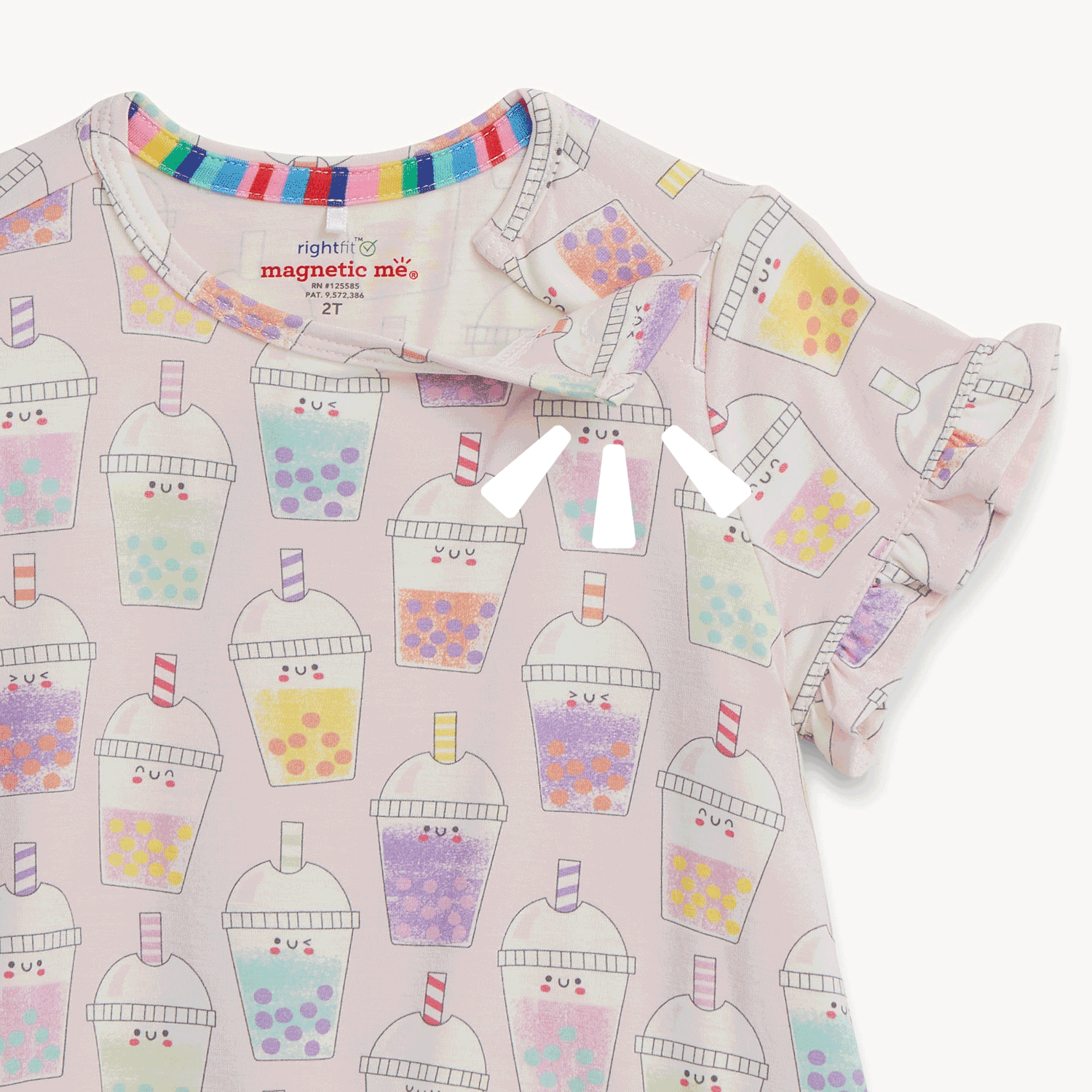 Open and close movement of the magnet on the shoulder of A light pink short-sleeved nightgown with ruffled flutter sleeves and a hemmed ruffle, featuring a vibrant all-over print of smiling boba tea cups, by Magnetic Me.