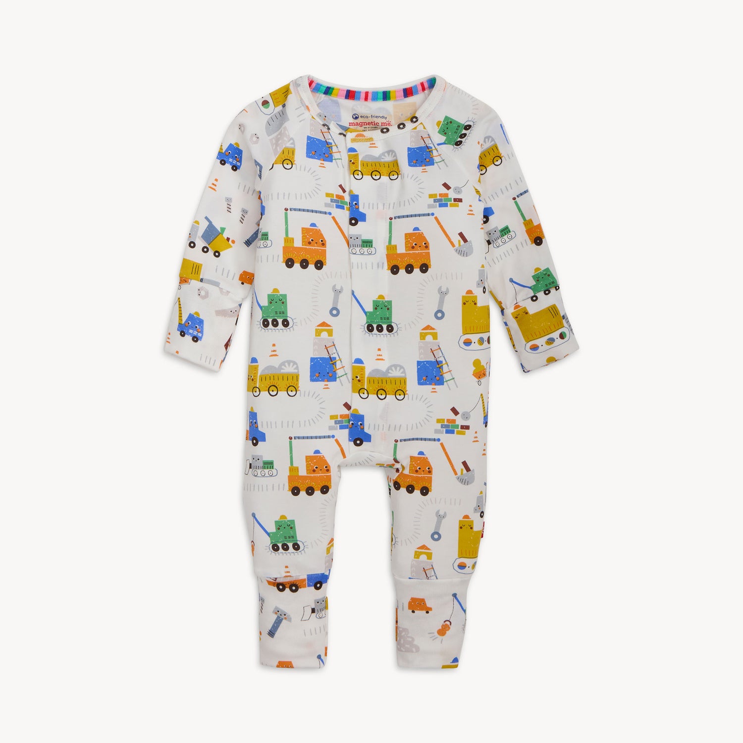 A long-sleeve, convertible coverall featuring a vibrant "smiling" construction equipment print and fold-over cuffs, finished with a colorful inner collar by Magnetic Me.