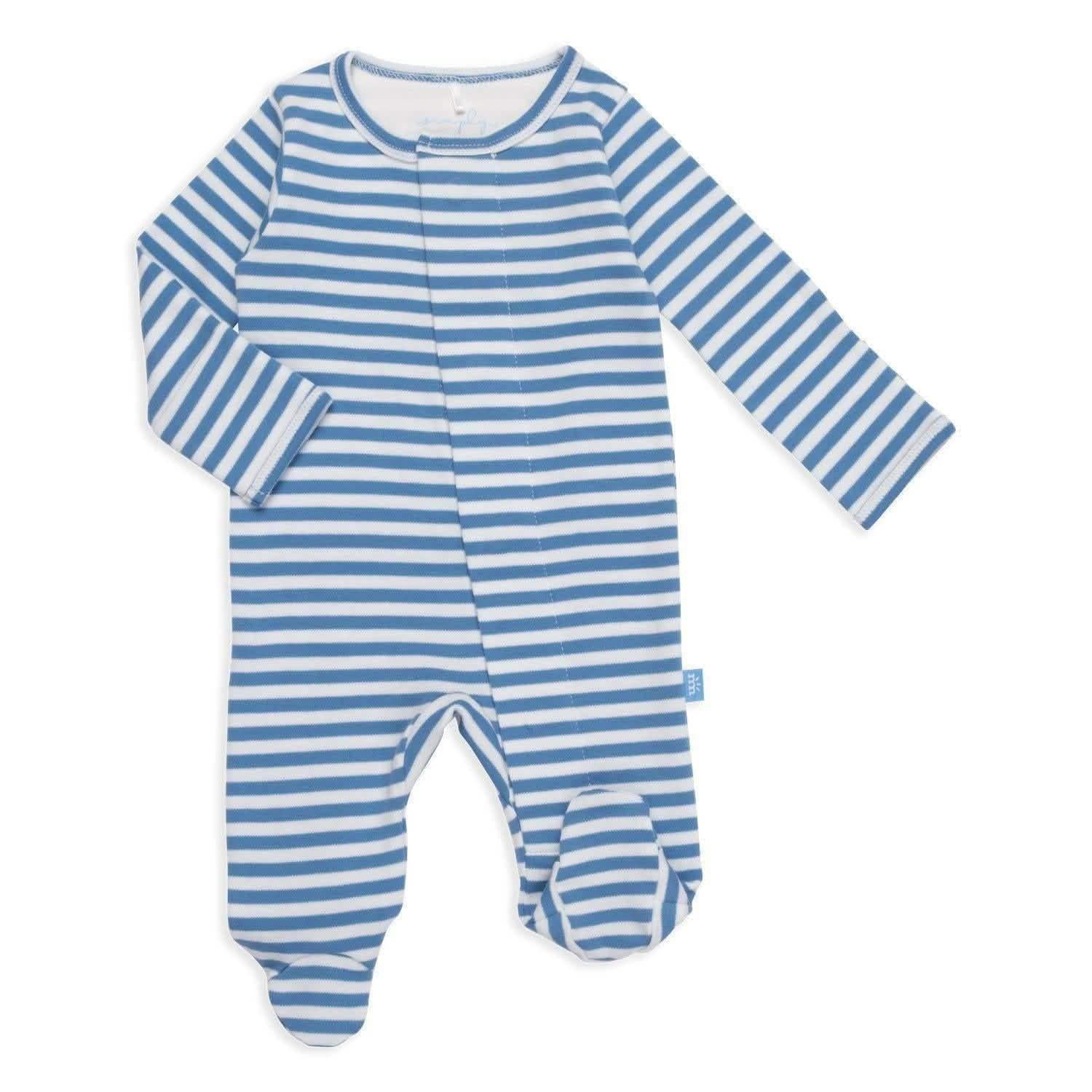 blue and white yarn-dye stripe organic cotton magnetic footie - re-loved