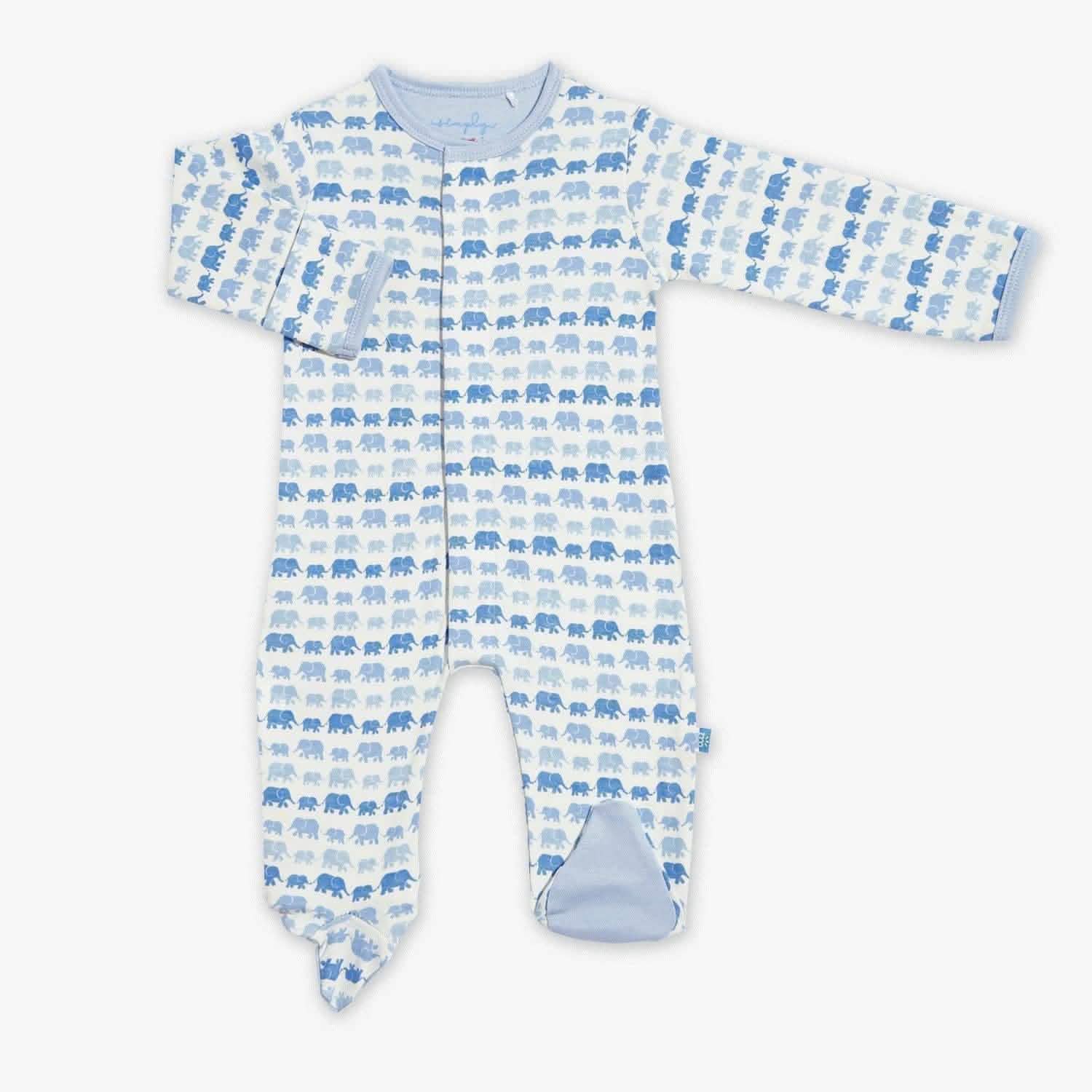 blue dancing elephants organic cotton magnetic parent favorite footie - re-loved