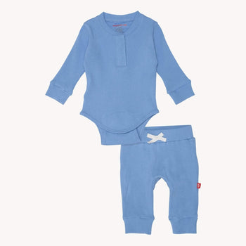 blue skies ribbed cotton magnetic long sleeve bodysuit + pant set