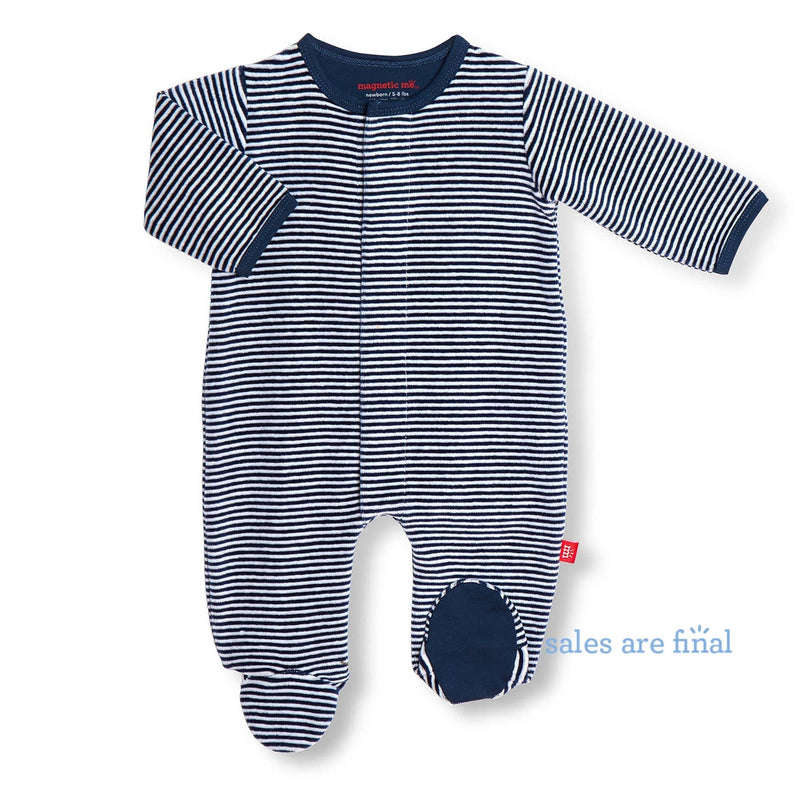 blue stripe velour magnetic footie - re-loved