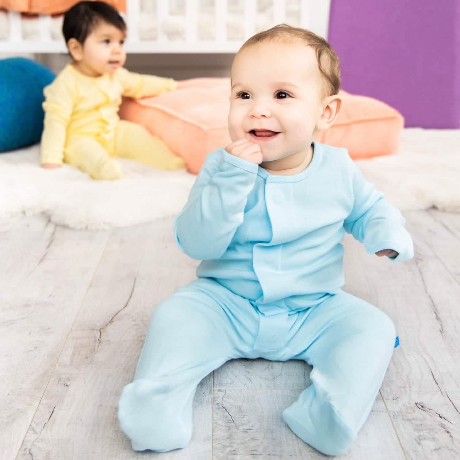 blue water organic cotton magnetic footie - re-loved