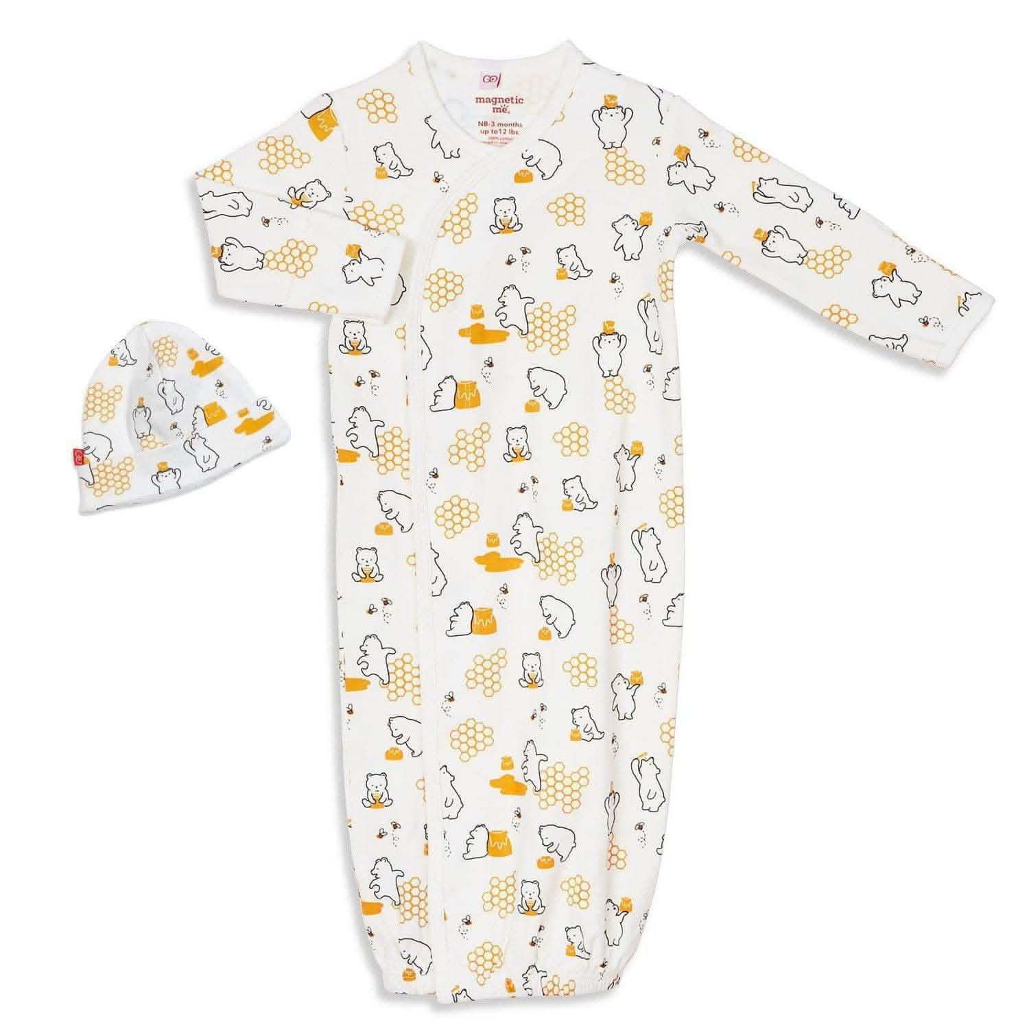 honey bee mine organic cotton magnetic open bottom gown + hat set