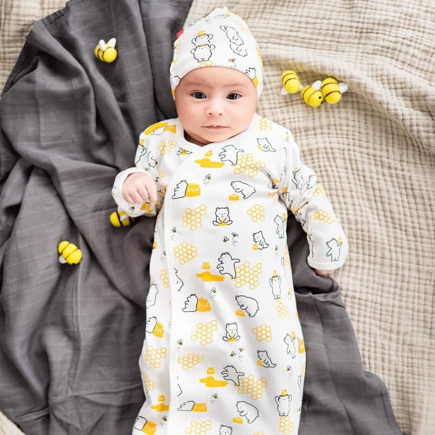 honey bee mine organic cotton magnetic open bottom gown + hat set