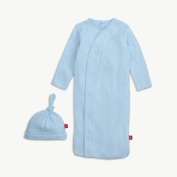 love lines blue organic cotton pointelle magnetic cozy sleeper gown + hat set