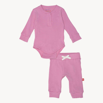 mauve ribbed cotton magnetic long sleeve bodysuit + pant set