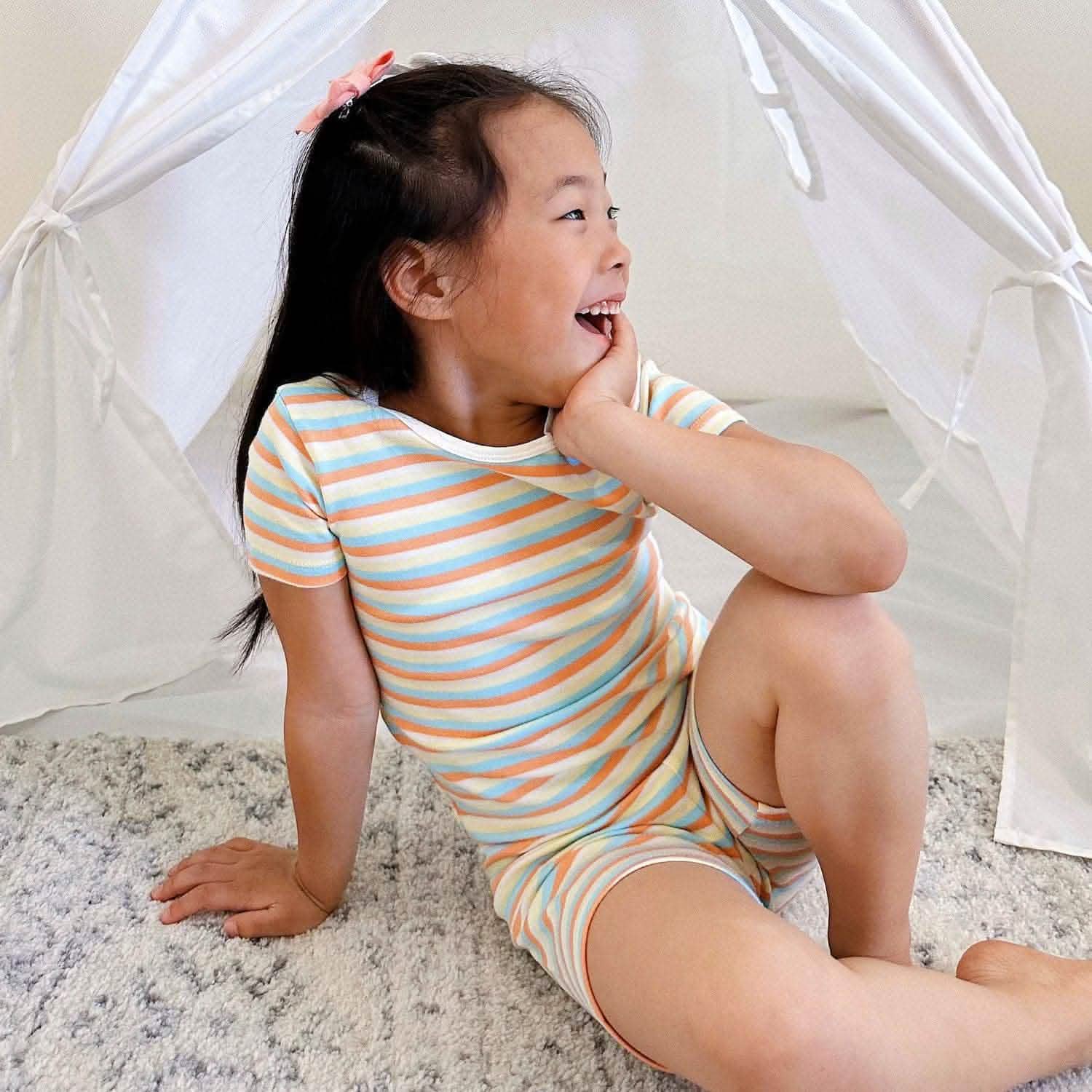multi-stripe organic cotton magnetic kids pajama shortie set