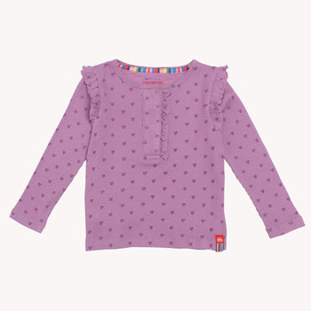 pink ribbon print waffle modal magnetic henley top with ruffles