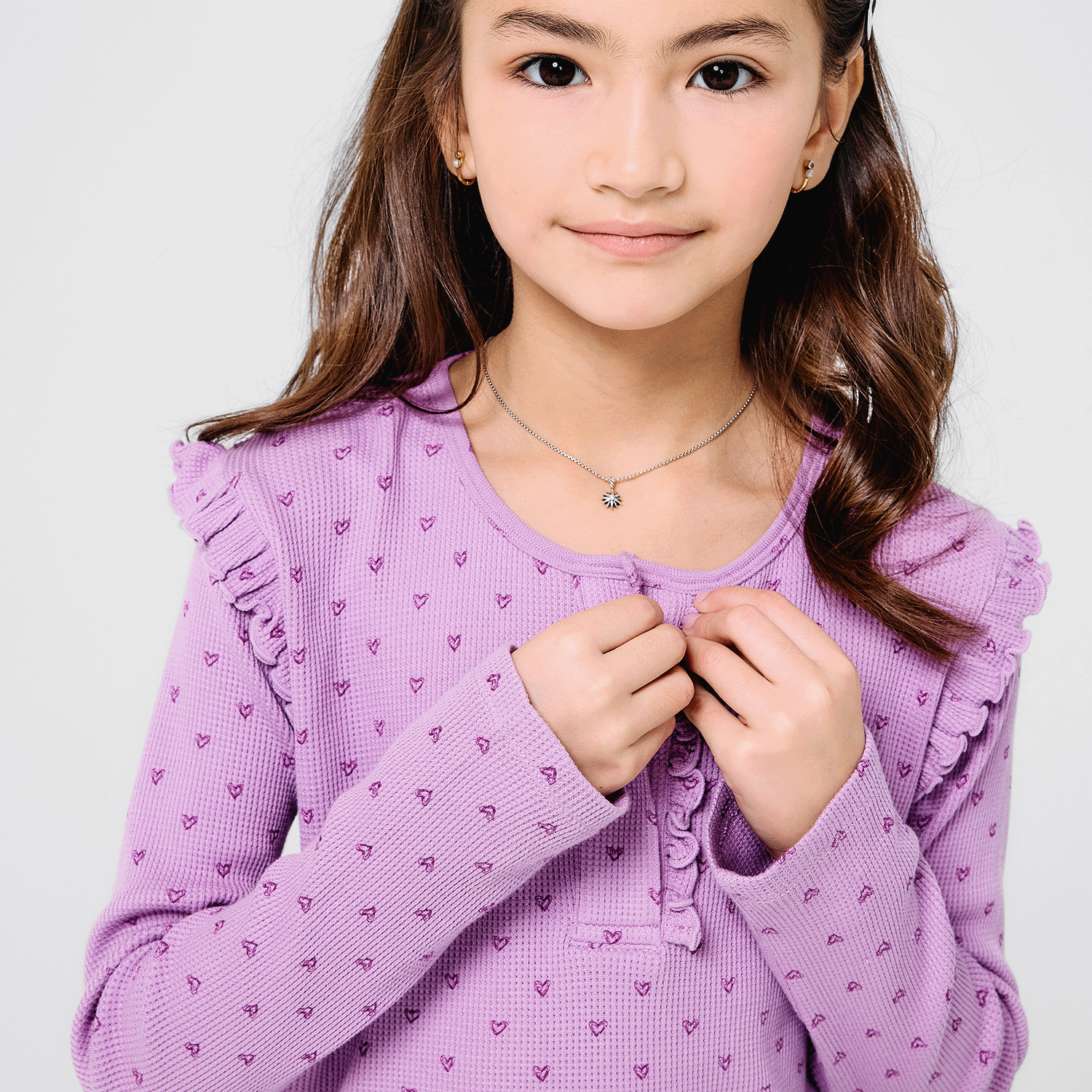 pink ribbon print waffle modal magnetic henley top with ruffles