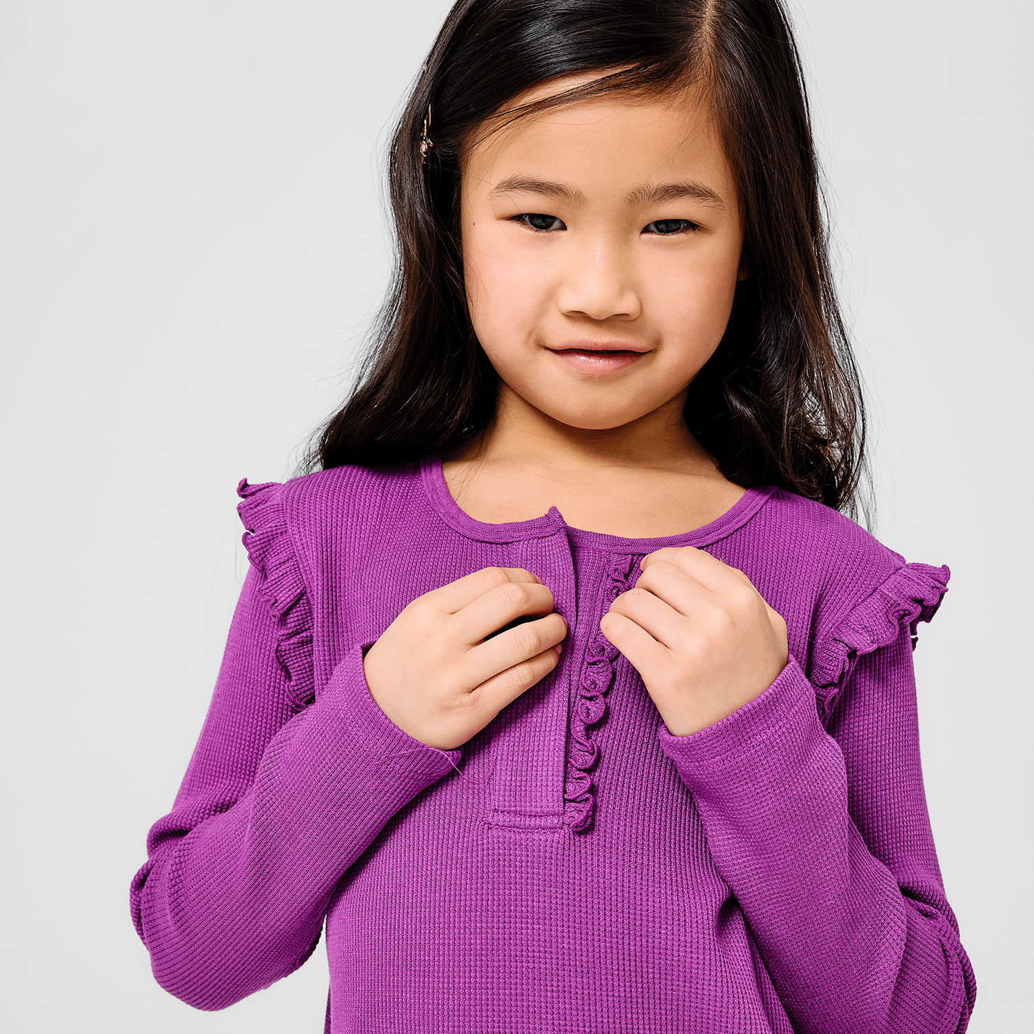 pink ribbon print waffle modal magnetic henley top with ruffles