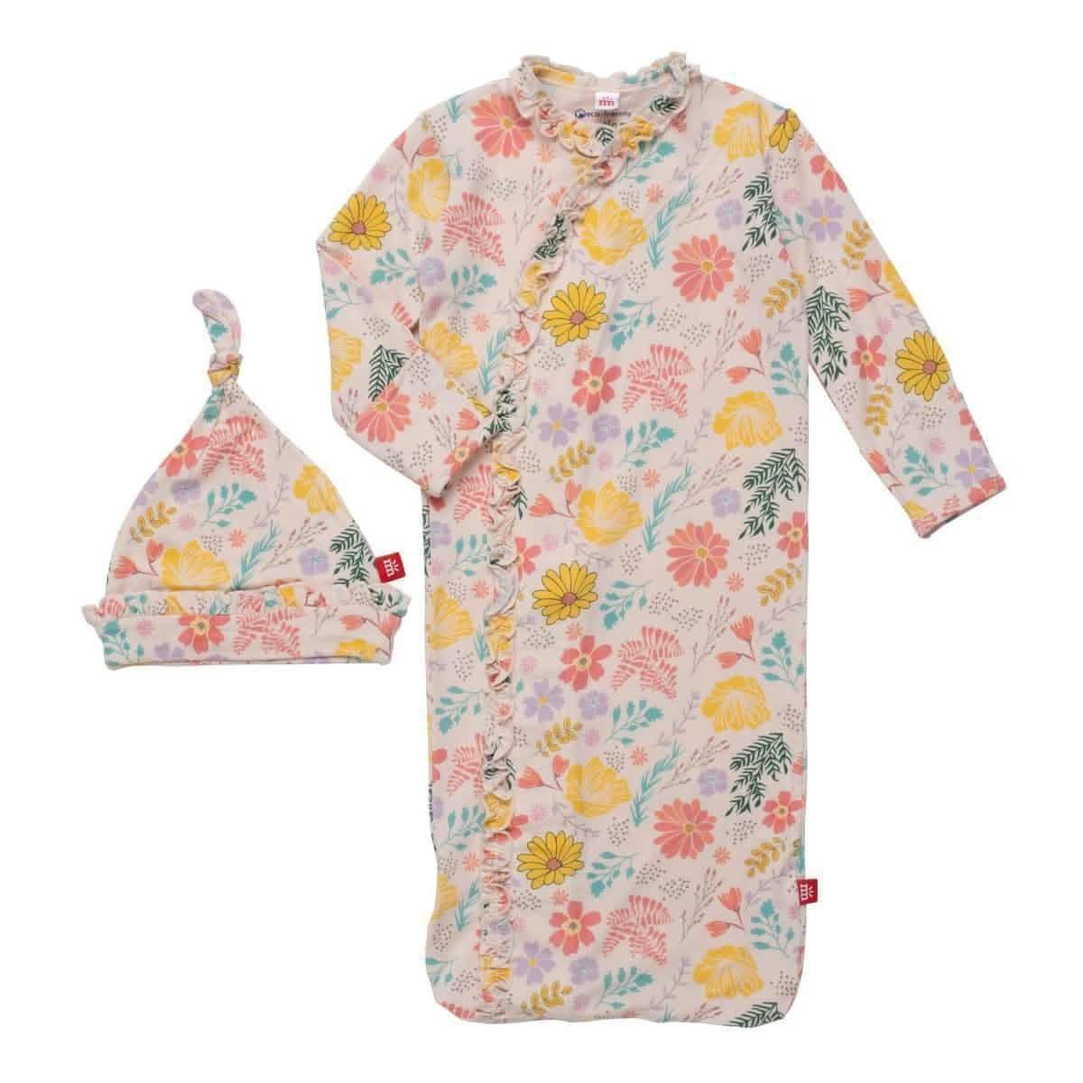 primrose cottage modal magnetic cozy sleeper gown + hat set with ruffles