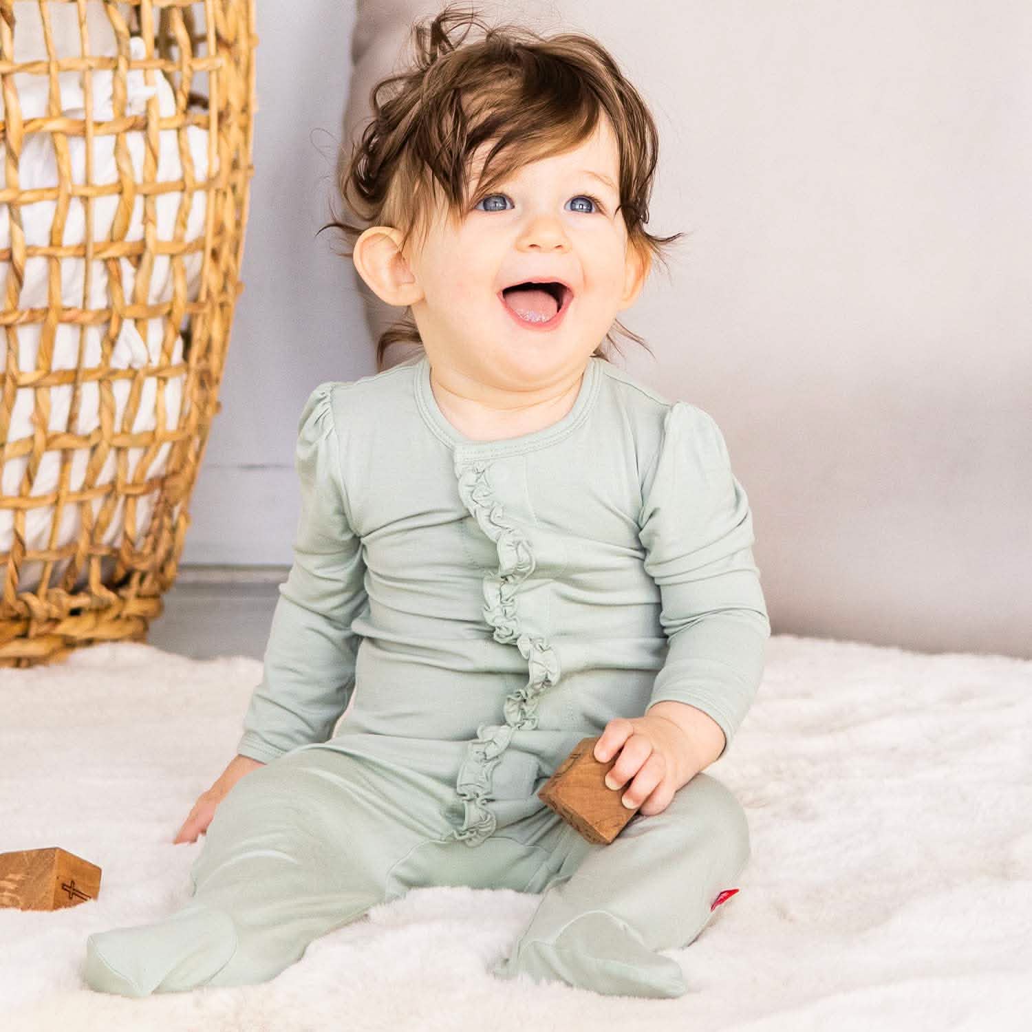 sea foam modal magnetic parent favorite footie with ruffles - re-loved