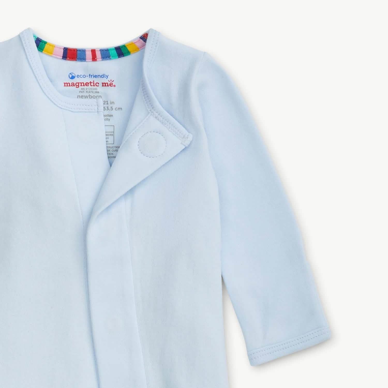 soft baby blue organic cotton magnetic parent favorite footie - re-loved