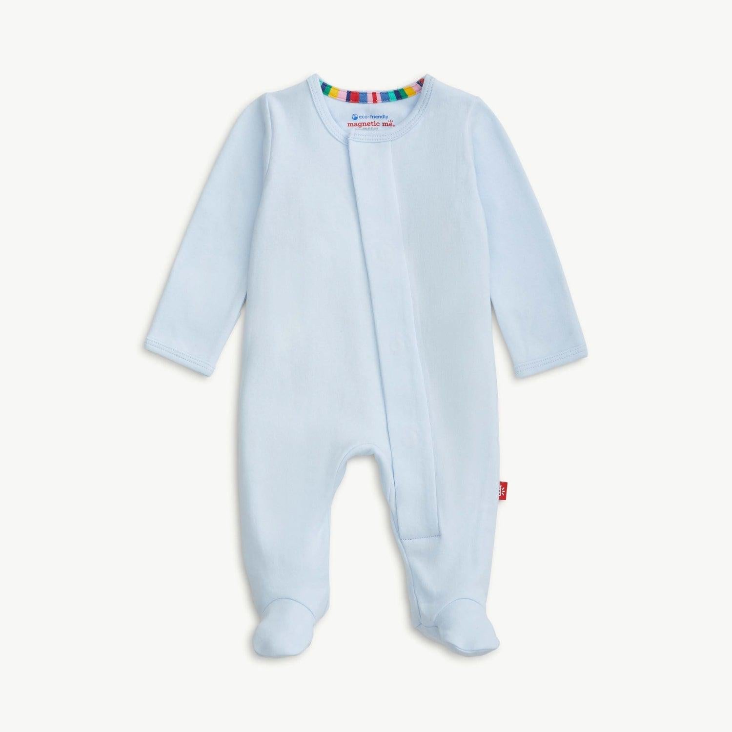 soft baby blue organic cotton magnetic parent favorite footie - re-loved