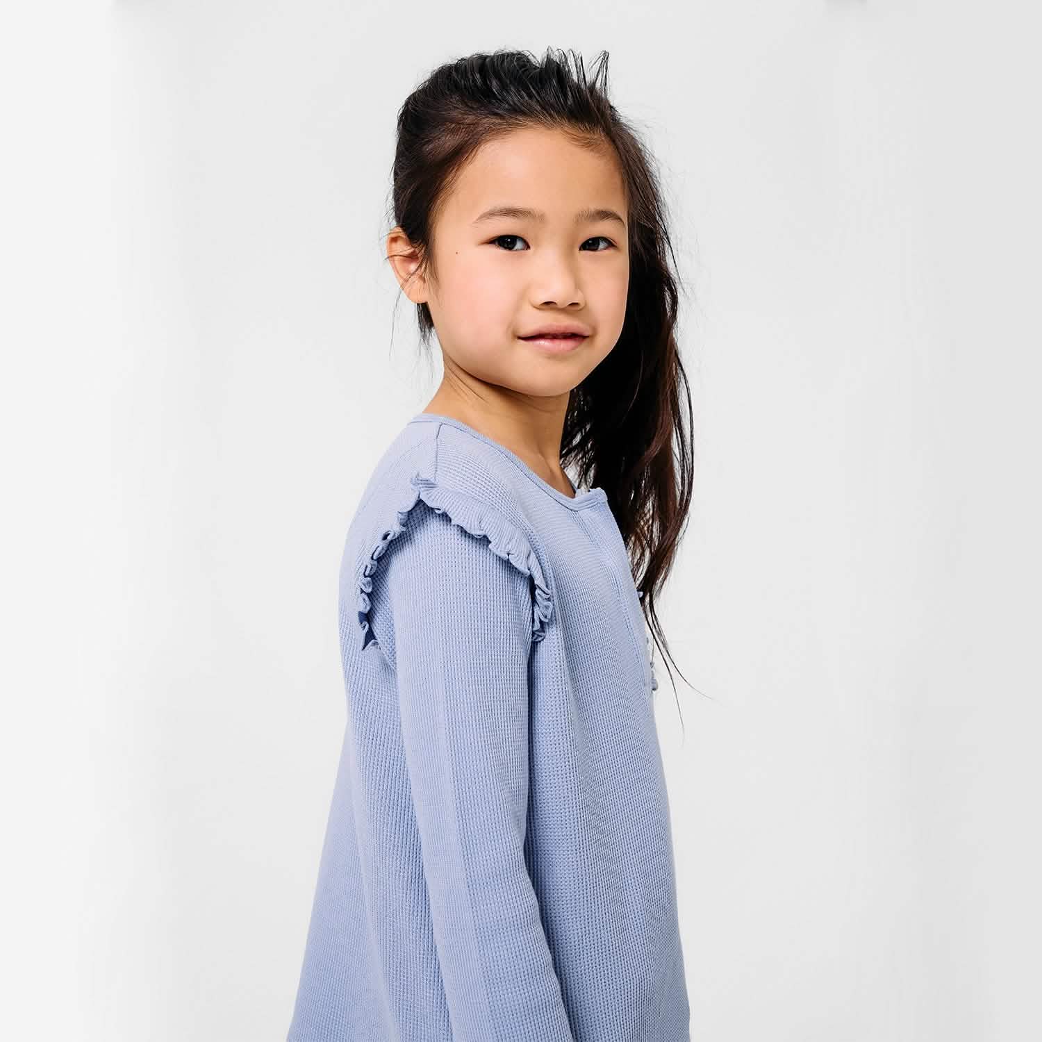 soft slate waffle modal magnetic henley top with ruffles